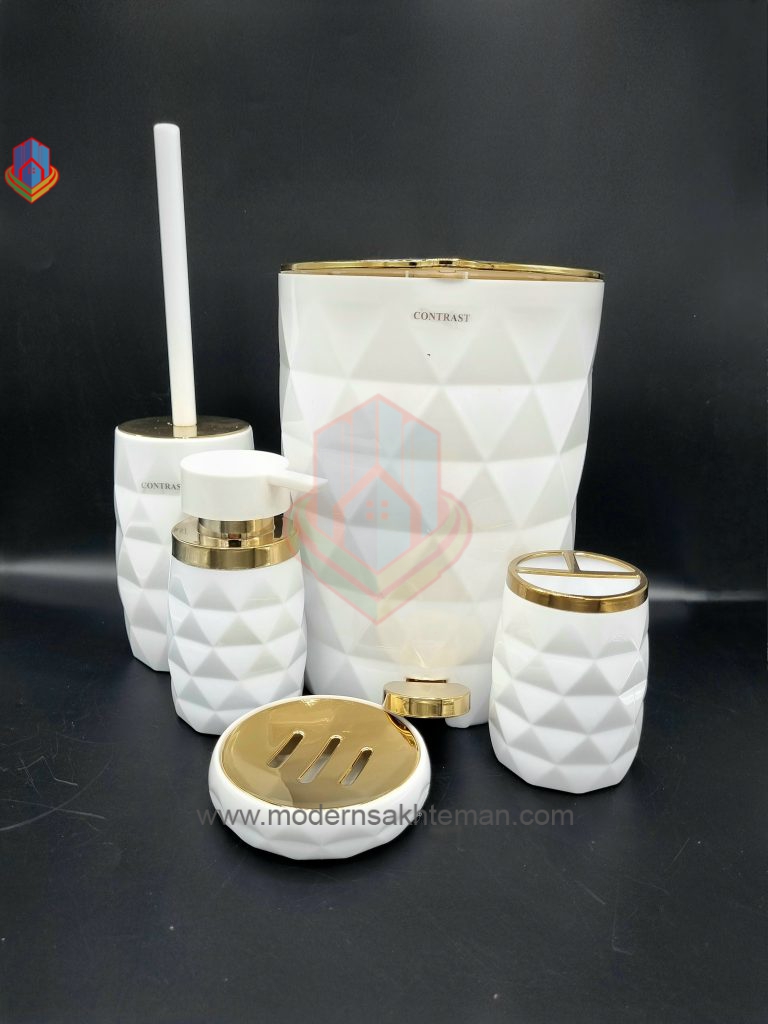 20240210_123828 ست سرویس بهداشتی ۵ پارچه کنتراست سفید طلایی مدل آناناسی - Image 1
