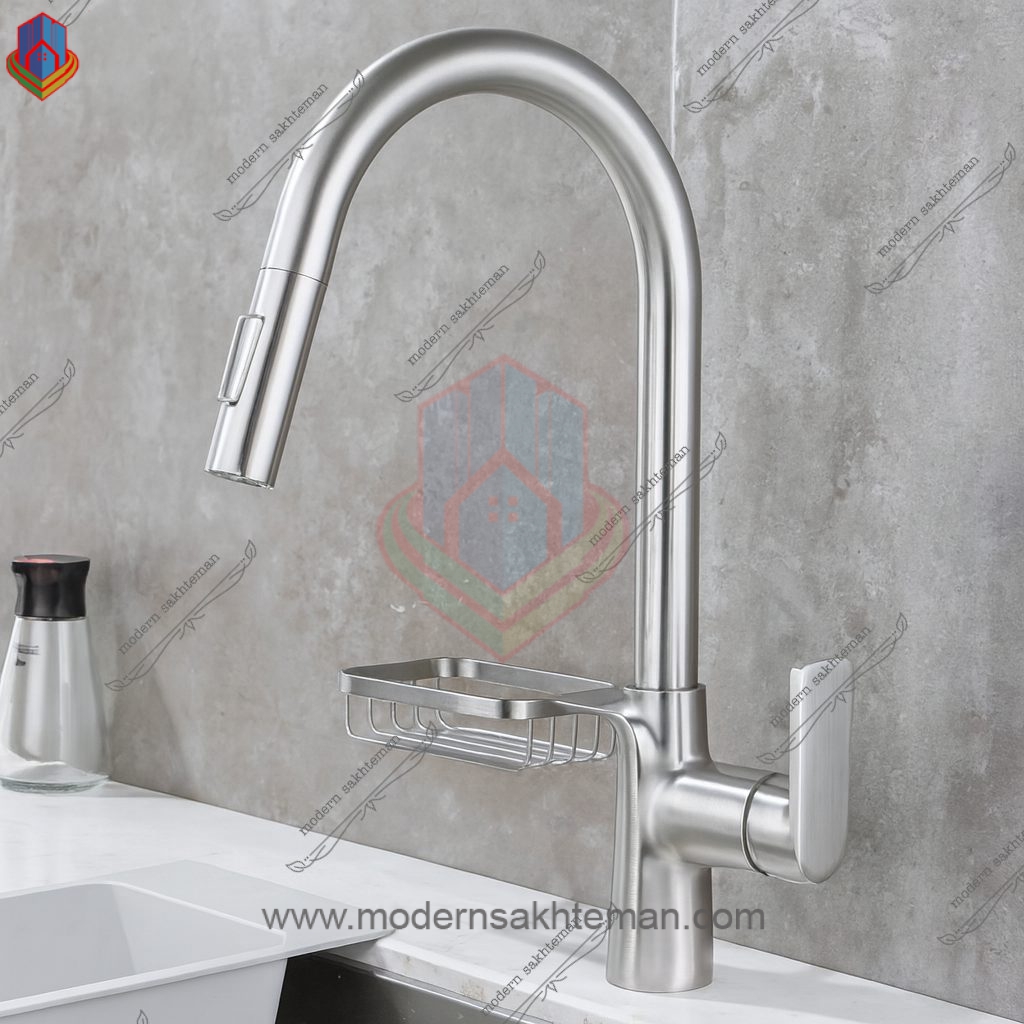 Photo_1757486626895 شیر ظرفشویی وارداتی استیل مات شاوری با سبد اسکاچ - Image 1