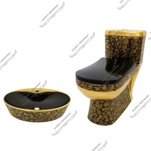 ست فرنگی و کاسه روشویی مشکی طلایی طرح گل مدل 039