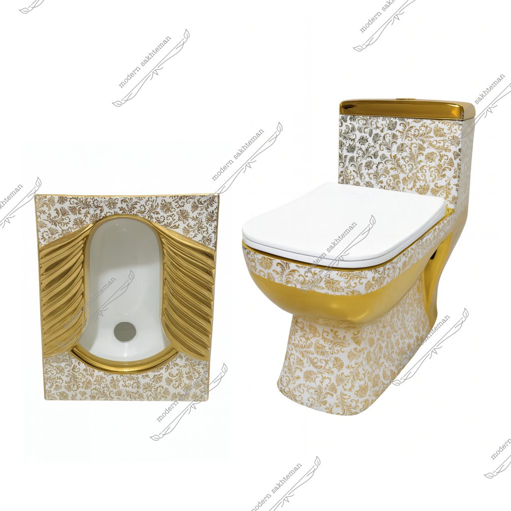 Photo_1763630113246 ست توالت فرنگی و کاسه توالت سفید طلایی طرح گل مدل2591 - Image 1