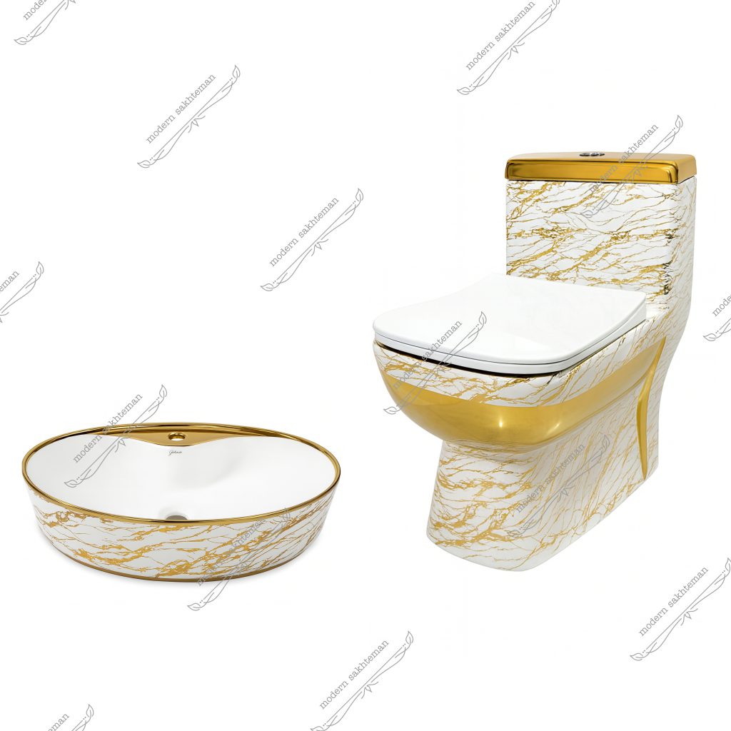 Photo_1763630138872 ست توالت فرنگی و کاسه روشویی سفید طلایی طرح سنگ مدل 1143 - Image 1