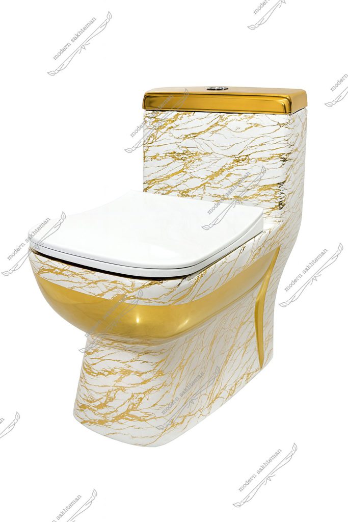 Photo_1763630196417 توالت فرنگی سفید طلایی طرح سنگ مدل 1141 - Image 1